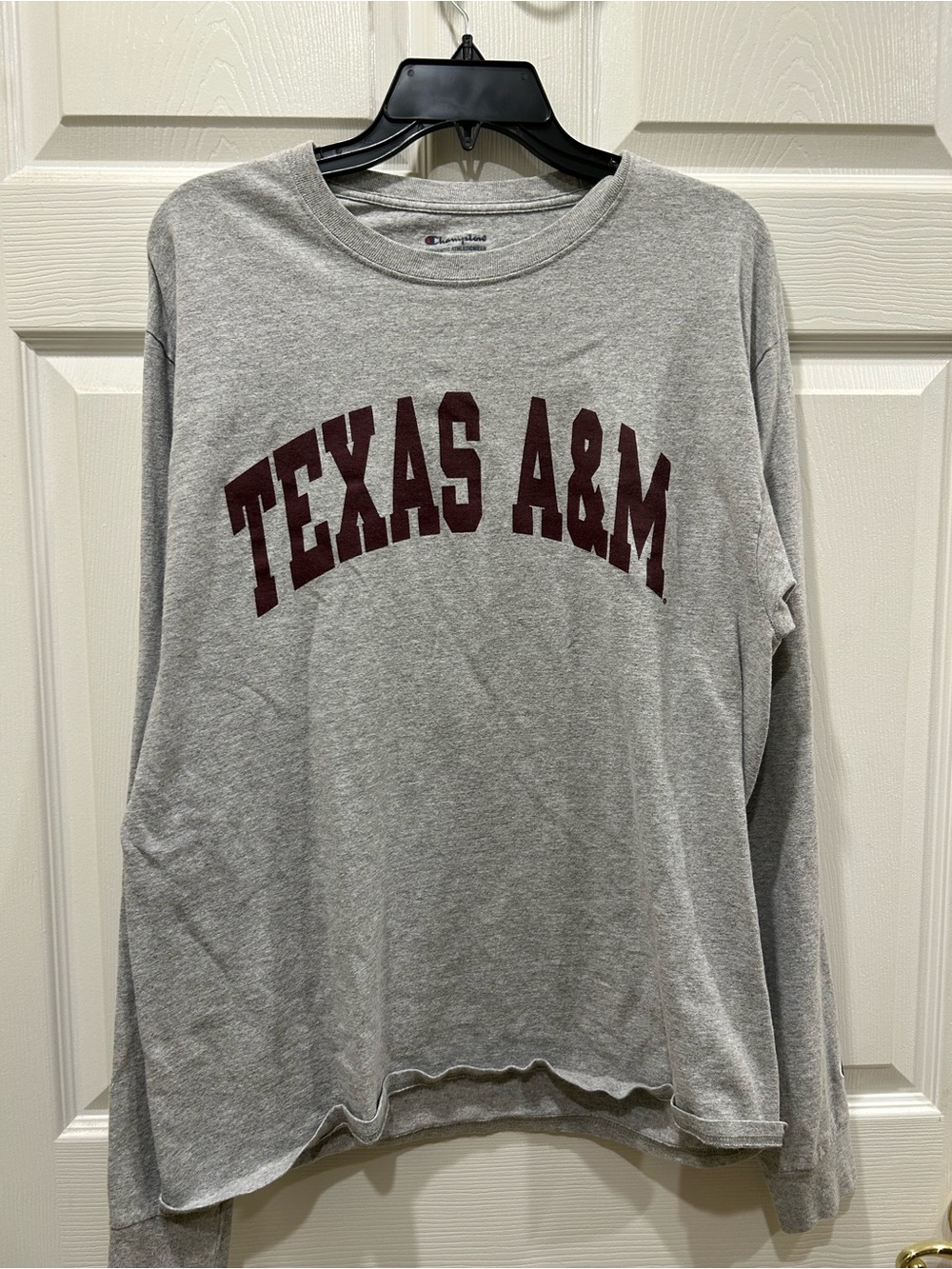 Champion Gray Long-Sleeve Shirt with Maroon Texas A&M Lettering